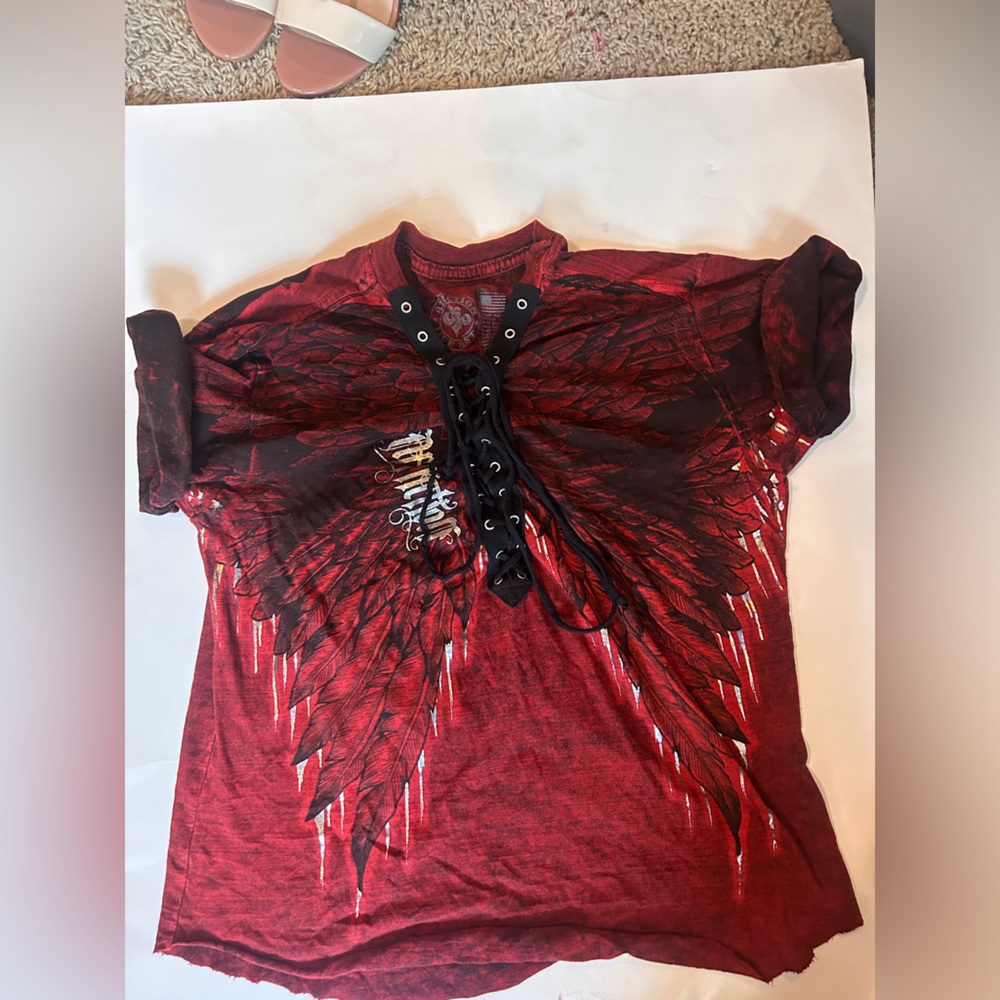 Affliction women’s black and red short sleeve top